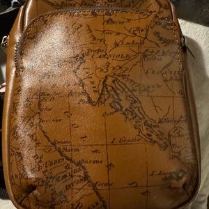 Patricia Nash Andros Leather Brown Sling  Backpack with Map Design